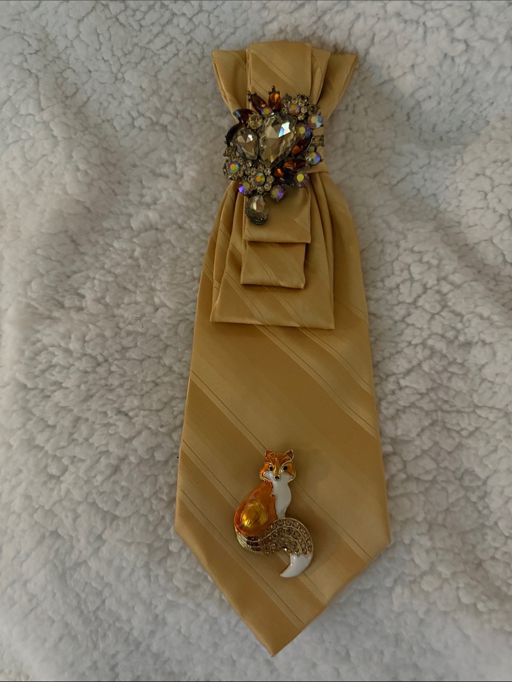 Golden Silk Tie Necklace with Fox Brooch & Crystal Pin